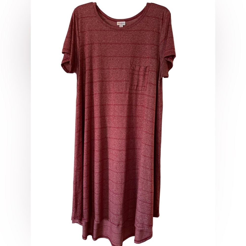 LULAROE TEE SHIRT DRESS Pocket Tee Short Sleeved Heather Red Striped Shift - Picture 7 of 10